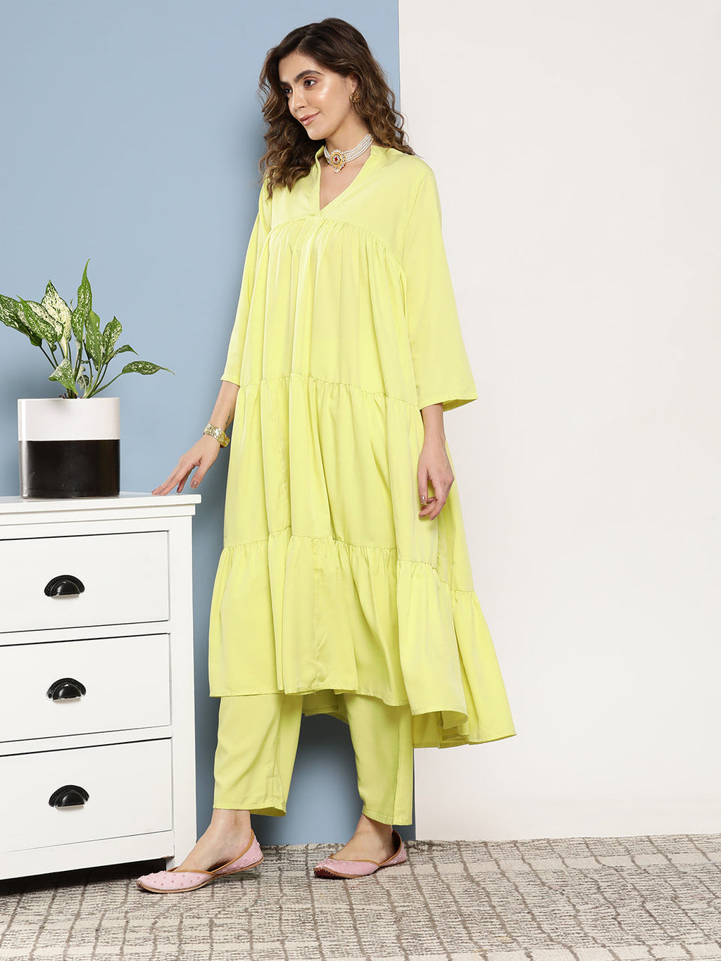 InWeave Women's Lime Green Tiered Anarkali Kurta Set