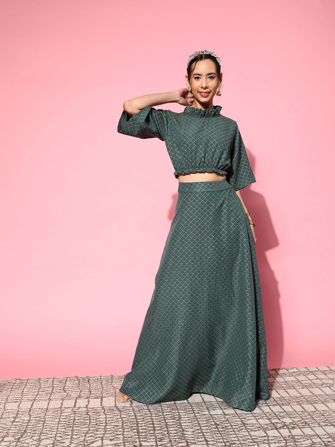 InWeave Women's Hunter Green Gold Crop Top With Side Slit Skirt