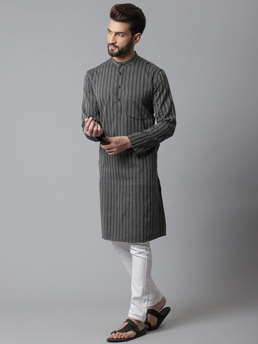 Even Apparels Black Pure Cotton Kurta With Band Collar