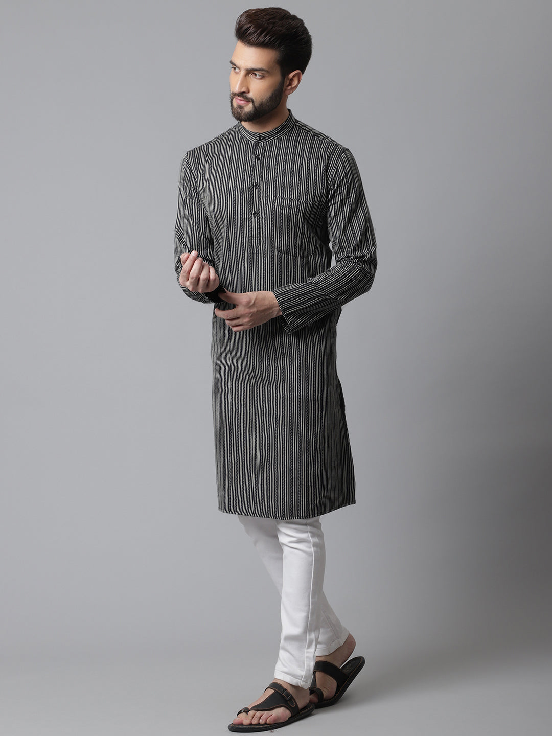Even Apparels Black Pure Cotton Kurta With Band Collar