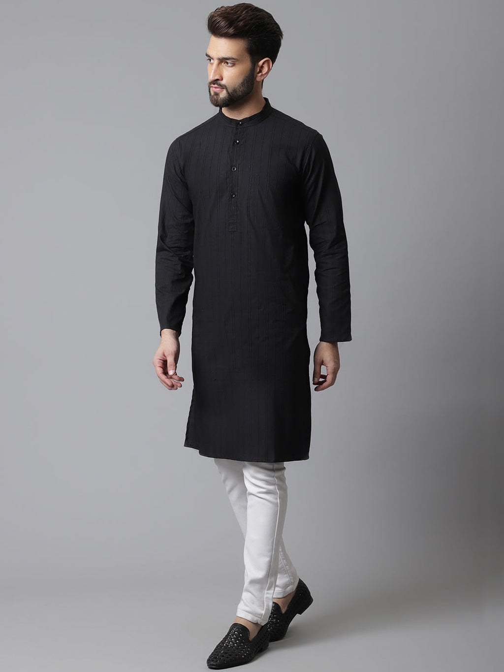 Even Apparels Black Striped Kurta With Band Collar