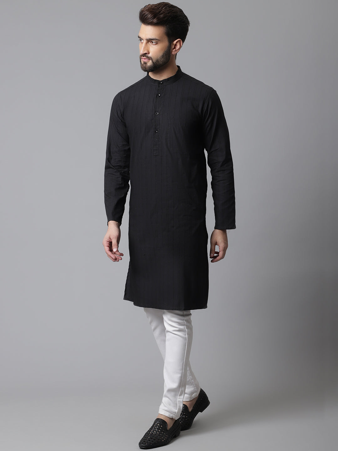 Even Apparels Black Striped Kurta With Band Collar