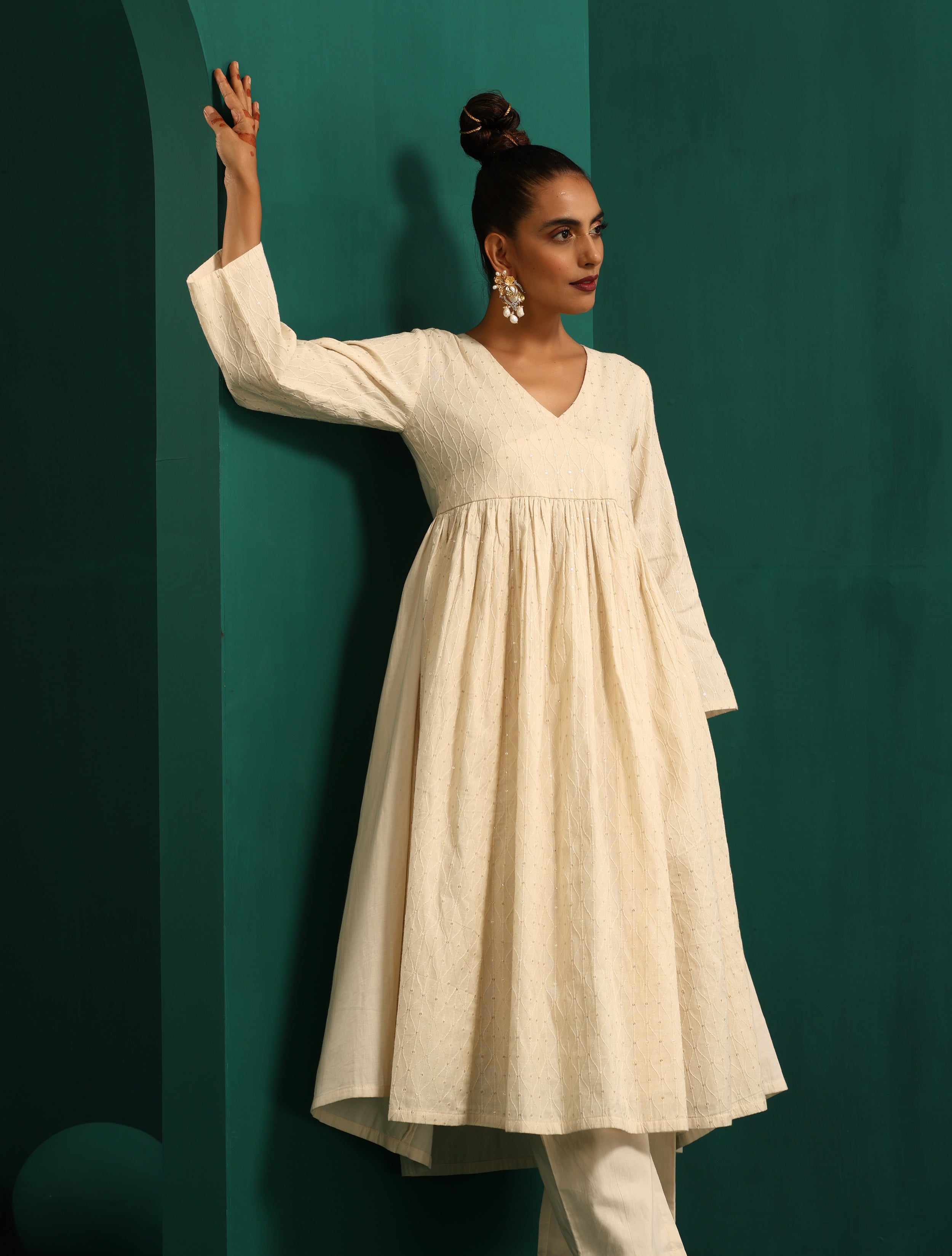 trueBrowns Ivory Tonal Cotton Anarkali Kurta Pant Set