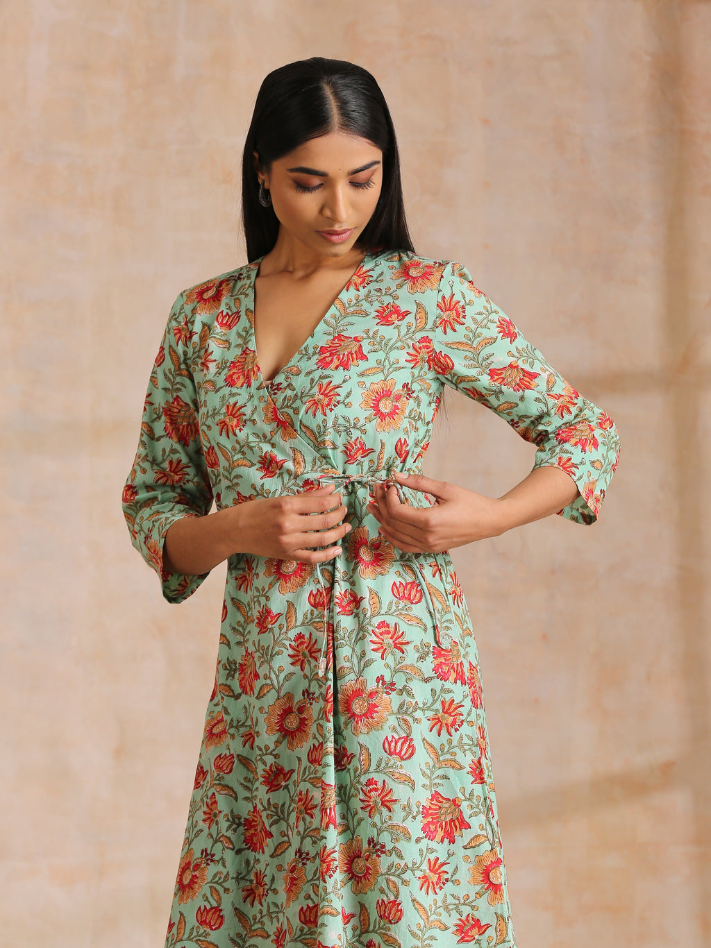 trueBrowns Seafoam Green Overall Floral Block Print Cotton Angrakha Pant Set
