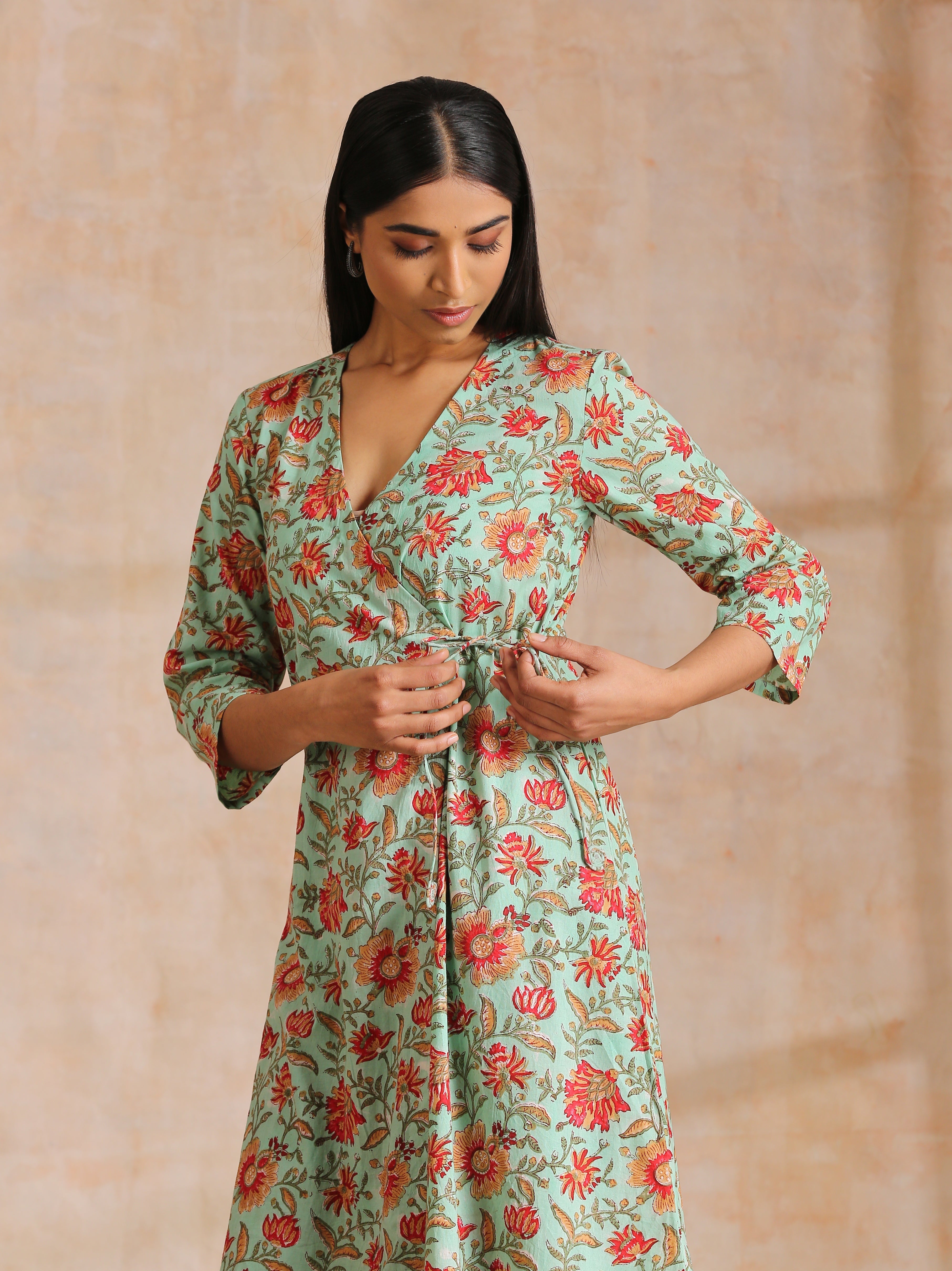 trueBrowns Seafoam Green Overall Floral Block Print Cotton Angrakha Pant Set