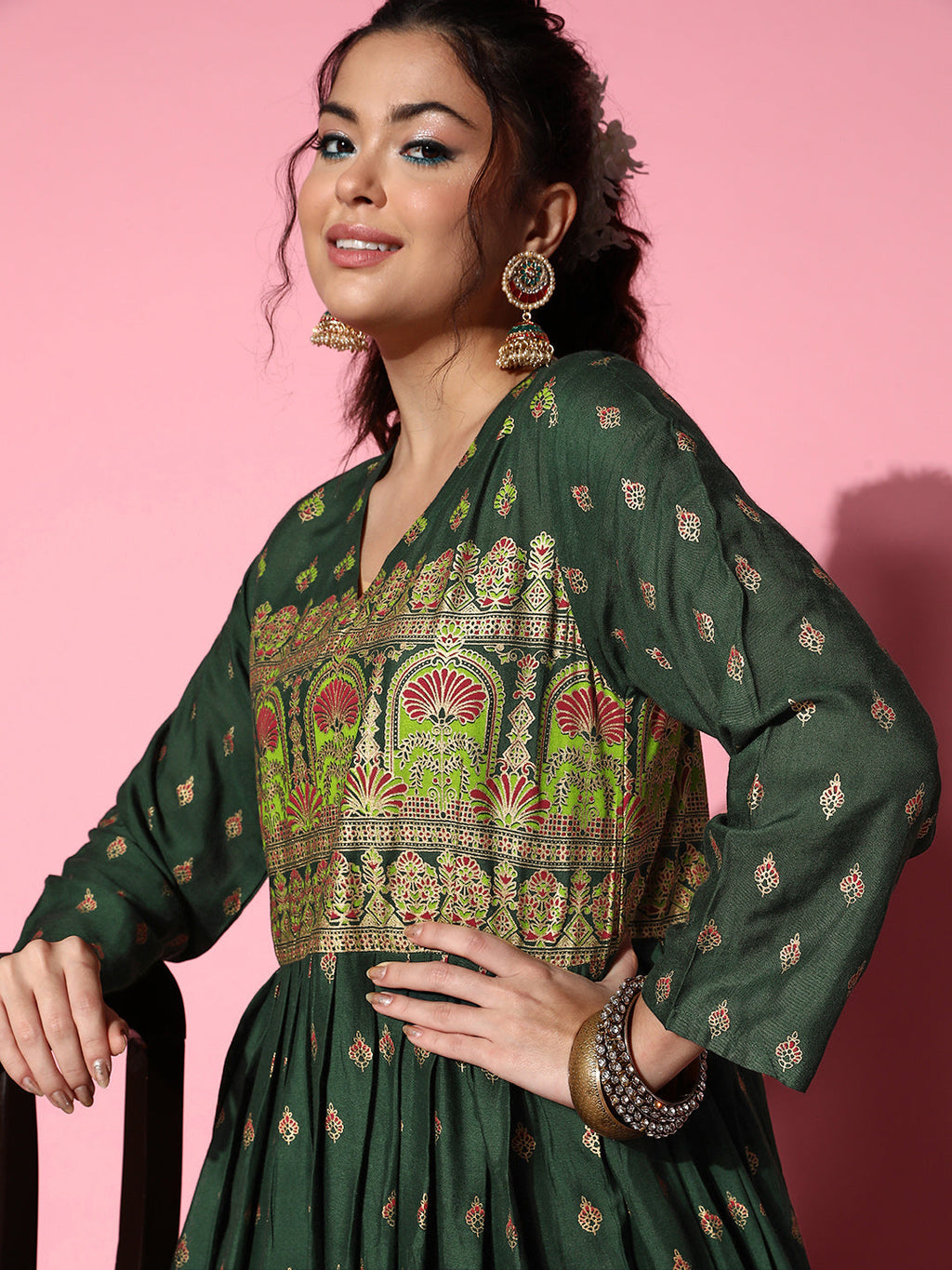 InWeave Women's Bottle Green Gold Border Anarkali Kurta