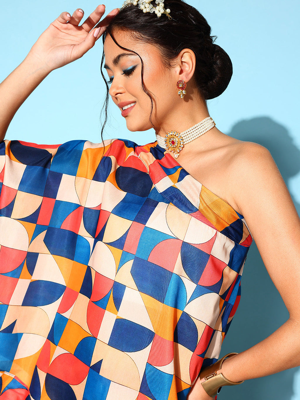 InWeave Women's Multi Geometric Print One Shoulder Top With Palazzo Set