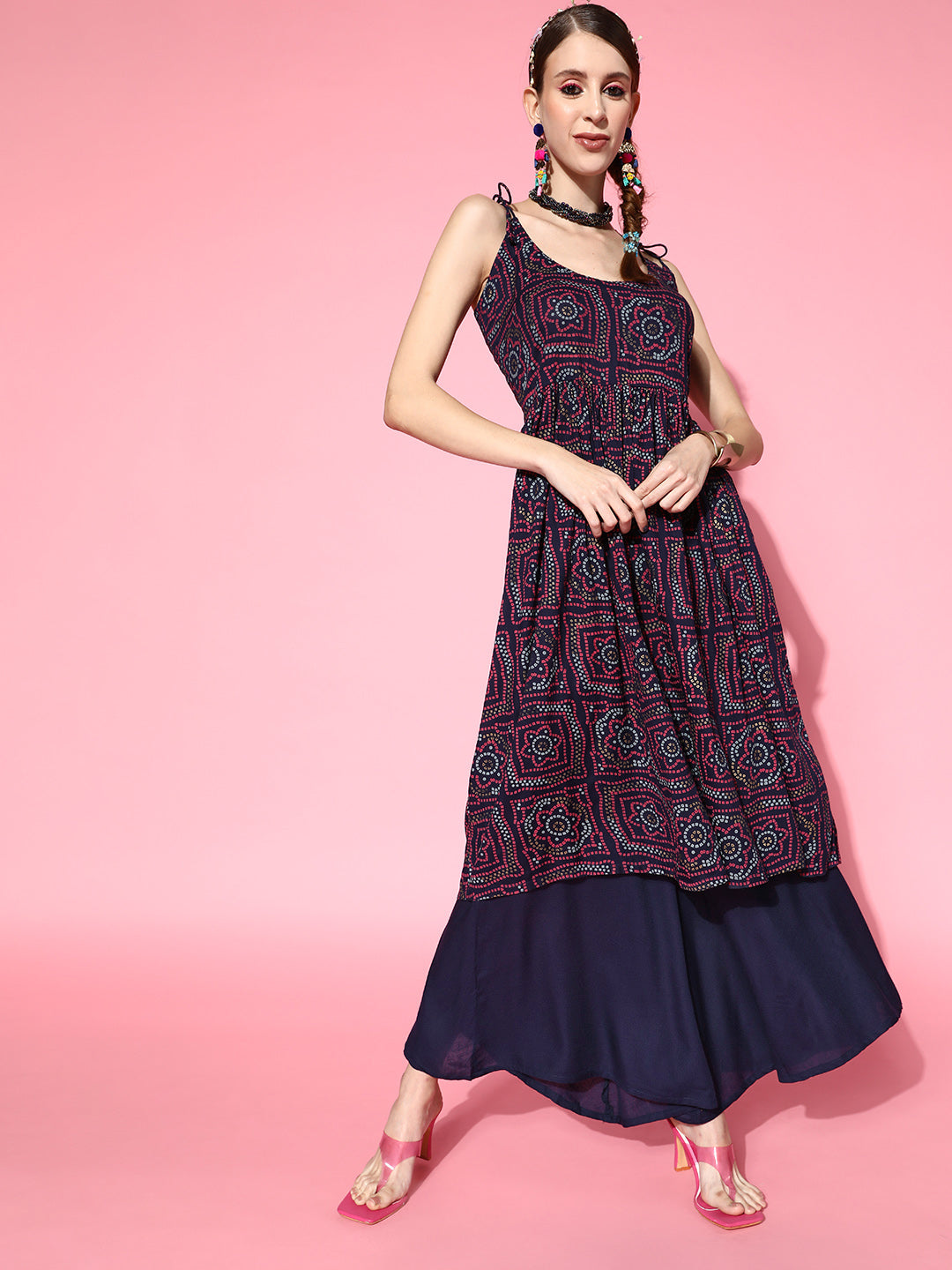 InWeave Women's Navy Bandhani Backdetail Kurta Set