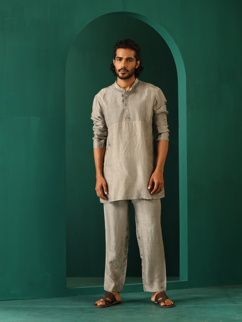 trueBrowns Men's Grey Silk Co-ord Set Yoke Detail