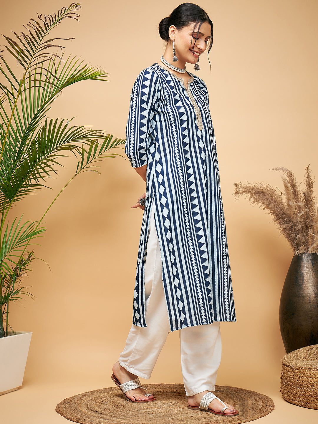 InWeave Women's White Navy Stripe Print Gota Straight Kurta