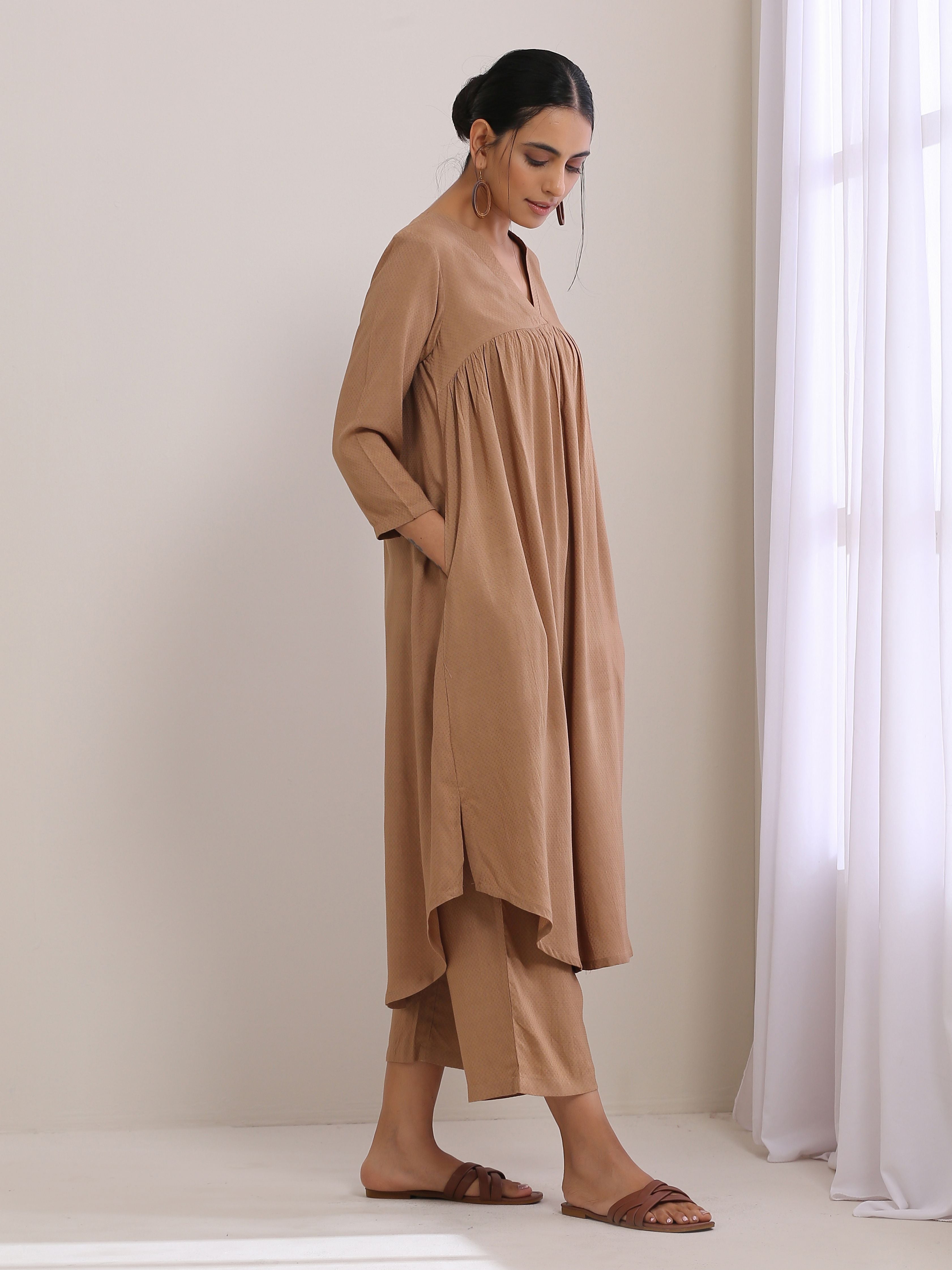 trueBrowns Beige Dobby Gathered Kurta Pant Set