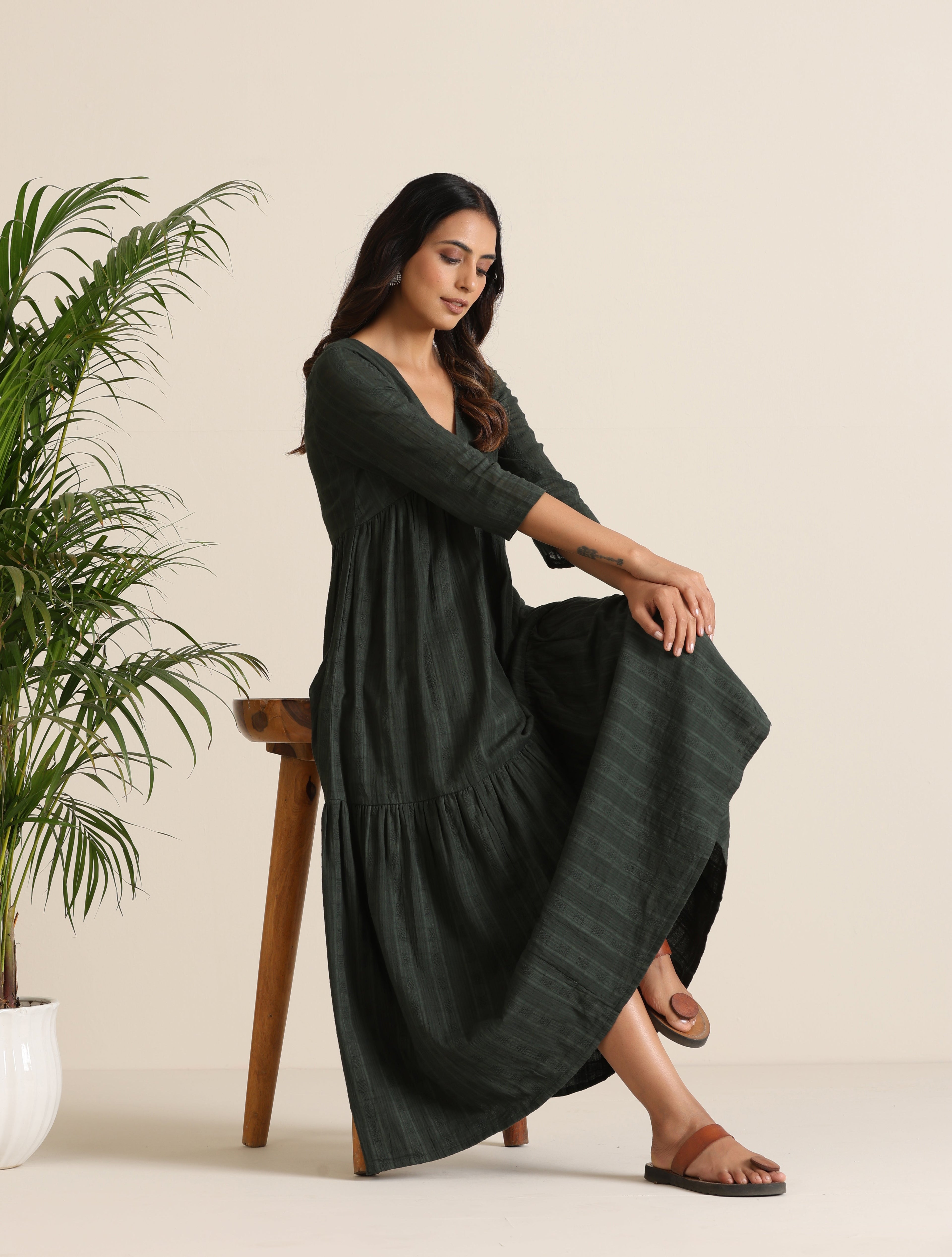 trueBrowns Charcoal Cotton Dobby Tiered Dress