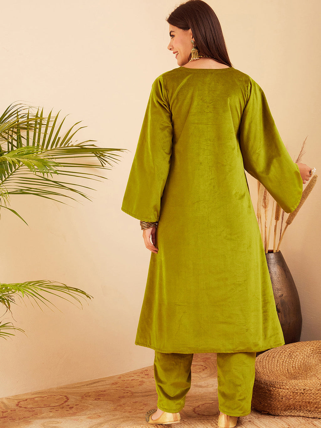 InWeave Women's Olive V Neck Asymmetrical Pleated Velvet Kurta Set