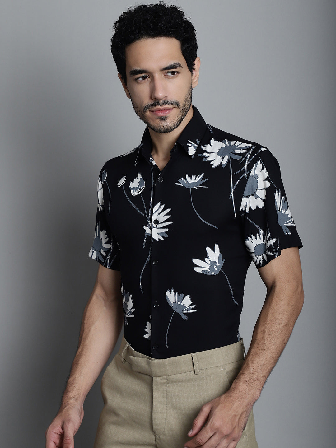 Jainish Men's Floral Printed Formal Shirts - Black