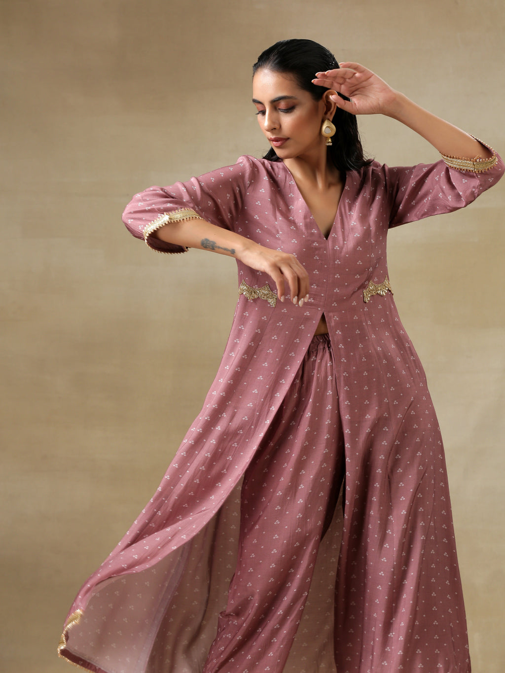 trueBrowns Dark Mauve Bandhani Printed Silk Front Slit Kurta Pant Set