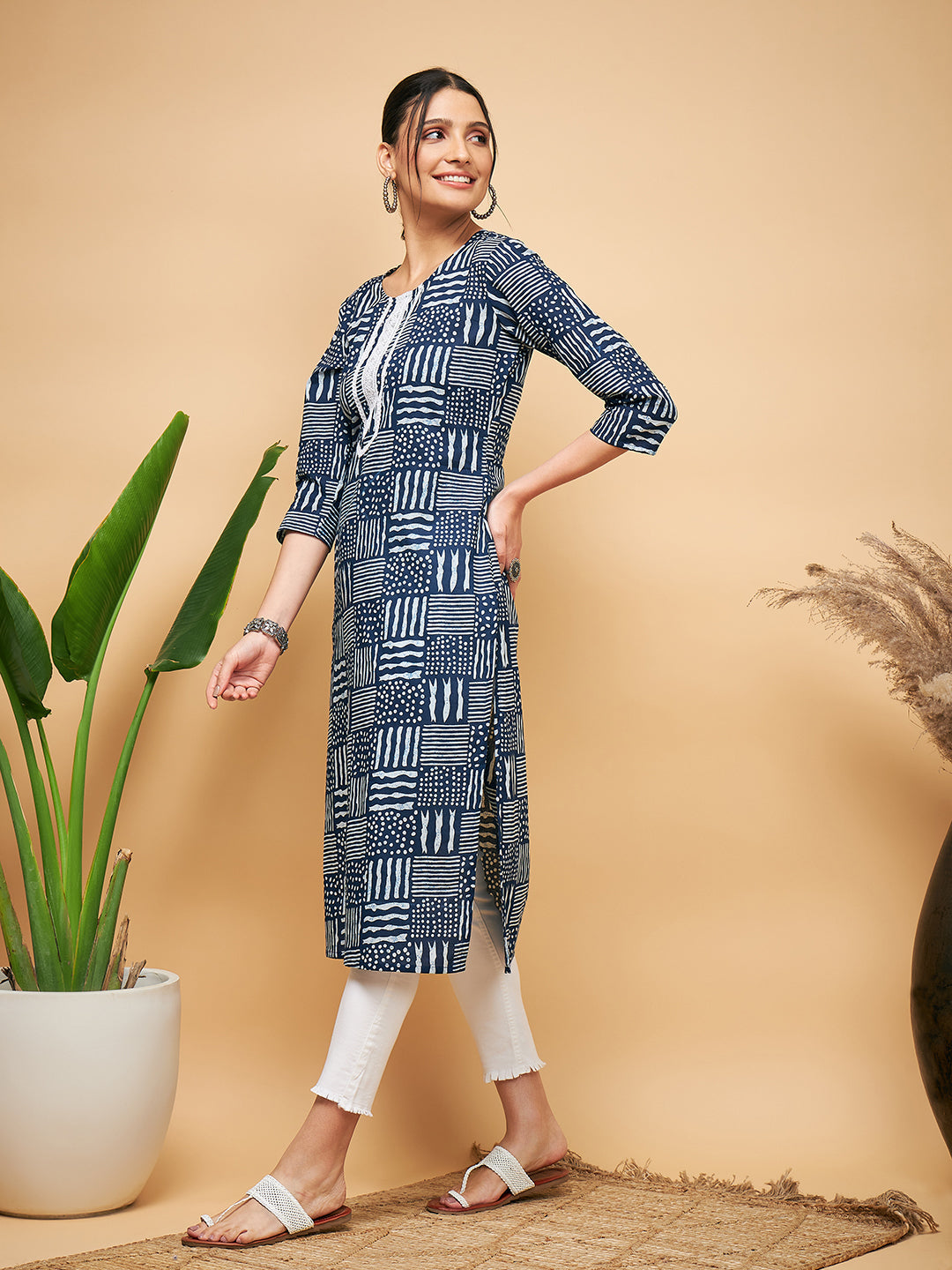 InWeave Women's Ankola Indigo With Tiles Hand Block Print Lace Straight Kurta