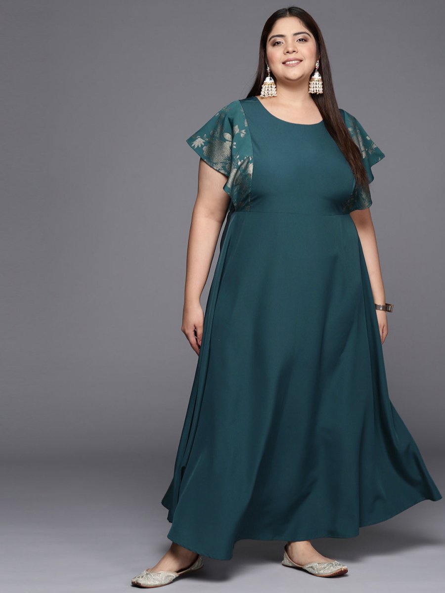 Ahalyaa Plus Size Floral Print Crepe Flared Sleeves A-line Maxi Ethnic Dress