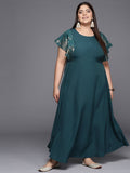 Ahalyaa Plus Size Floral Print Crepe Flared Sleeves A-line Maxi Ethnic Dress