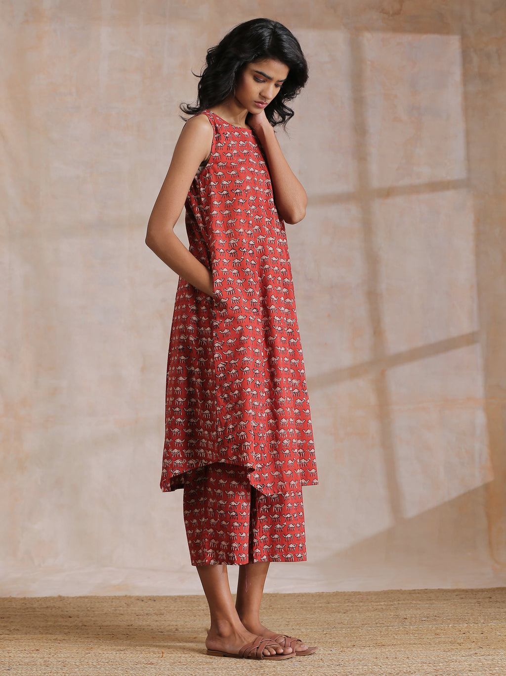 trueBrowns Rust Red Bagru Camel Print Cotton High-Low Co-Ord Set