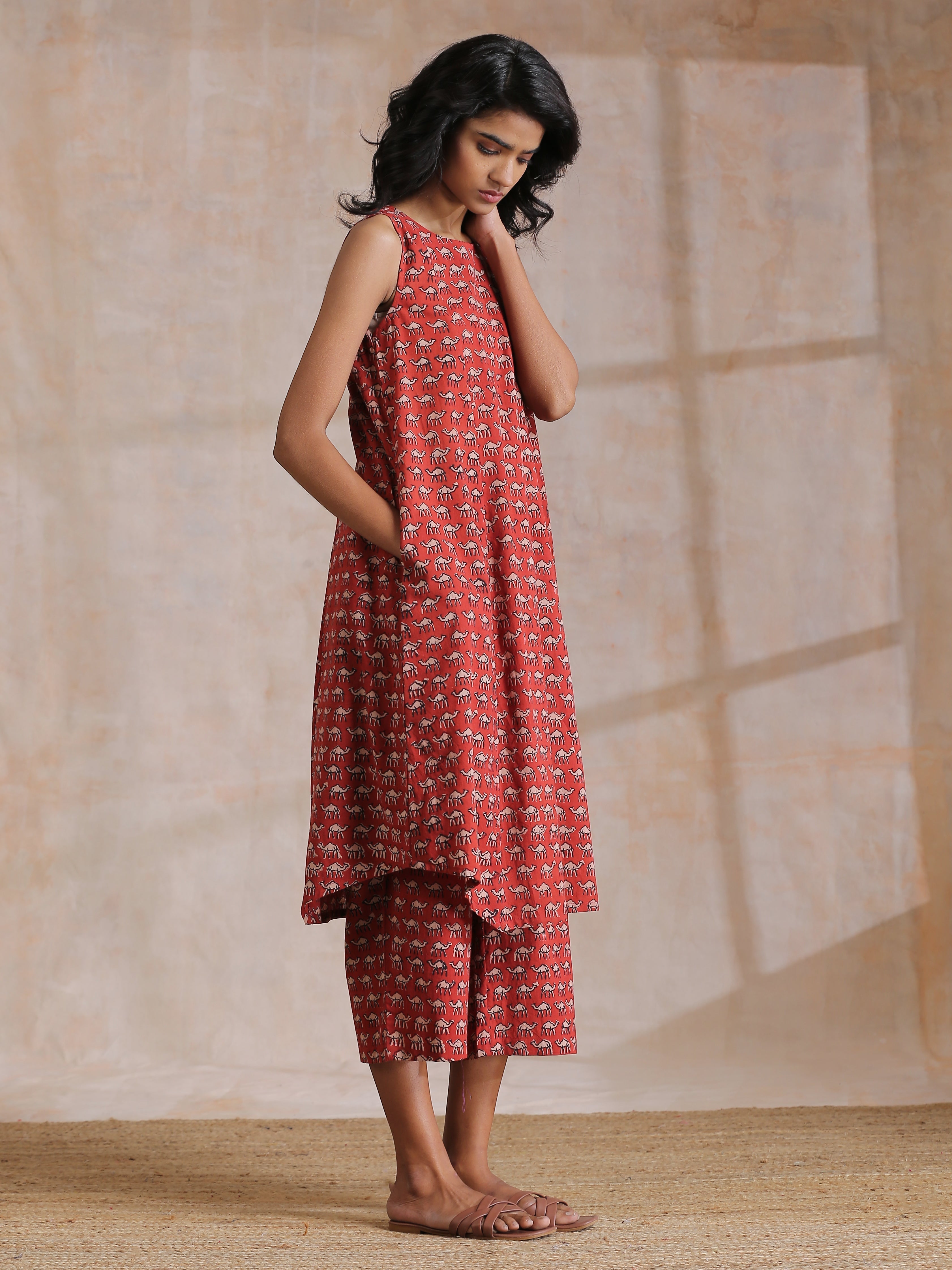 trueBrowns Rust Red Bagru Camel Print Cotton High-Low Co-Ord Set