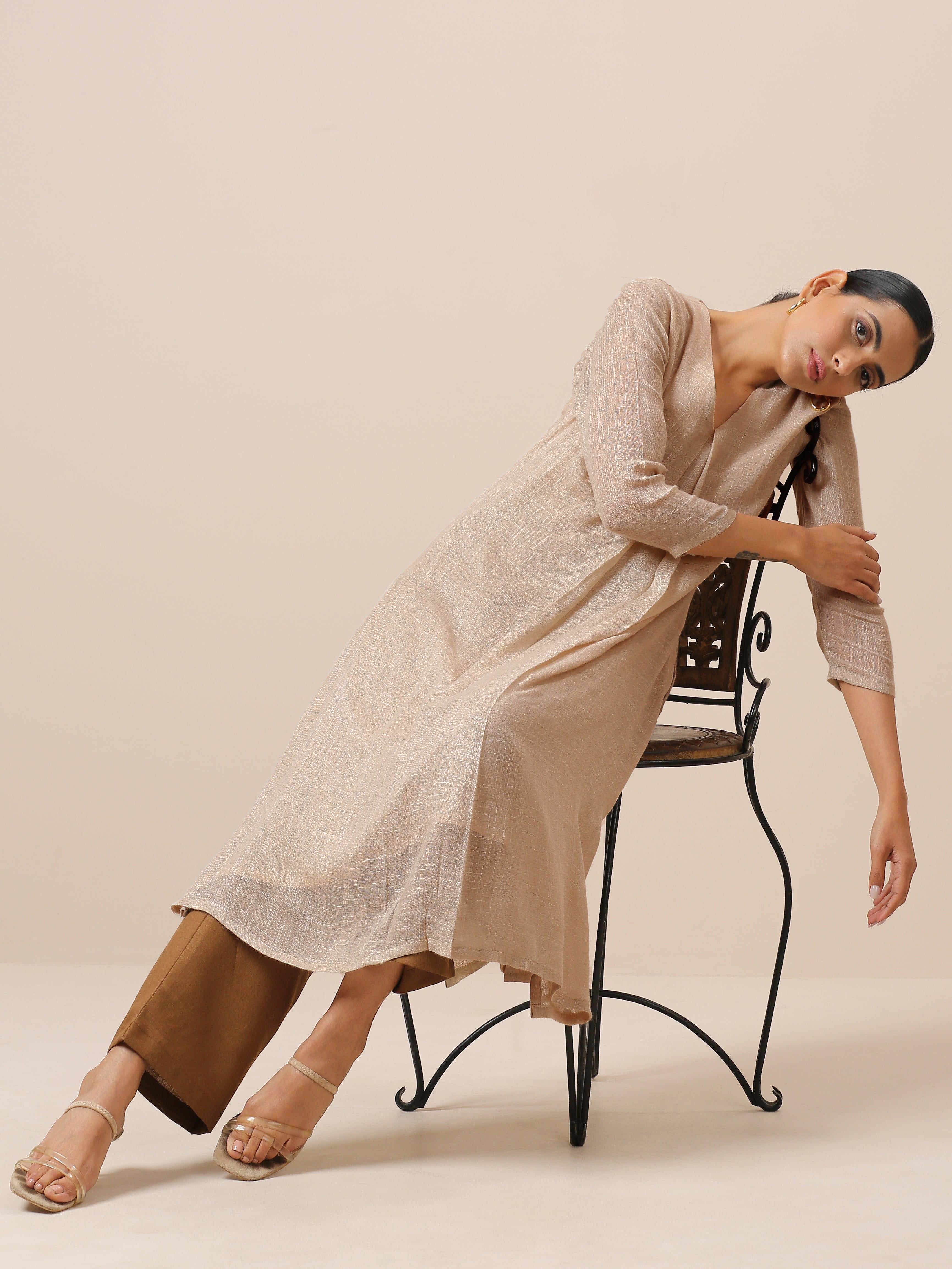 trueBrowns Linen Beige Textured Slit Kurta Pant Set