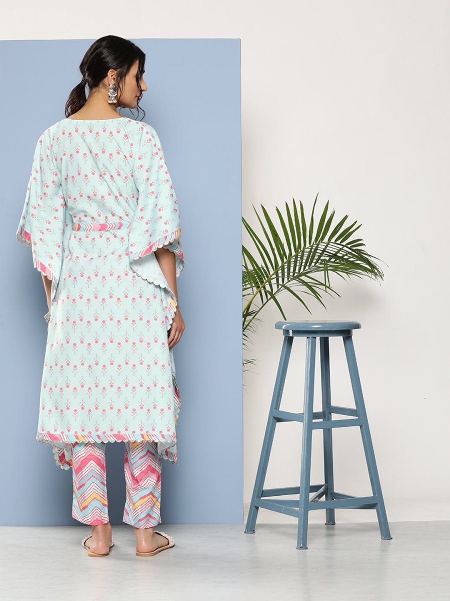 Ahalyaa Women Sea Green Floral Printed Gotta Patti Kurta with Trousers