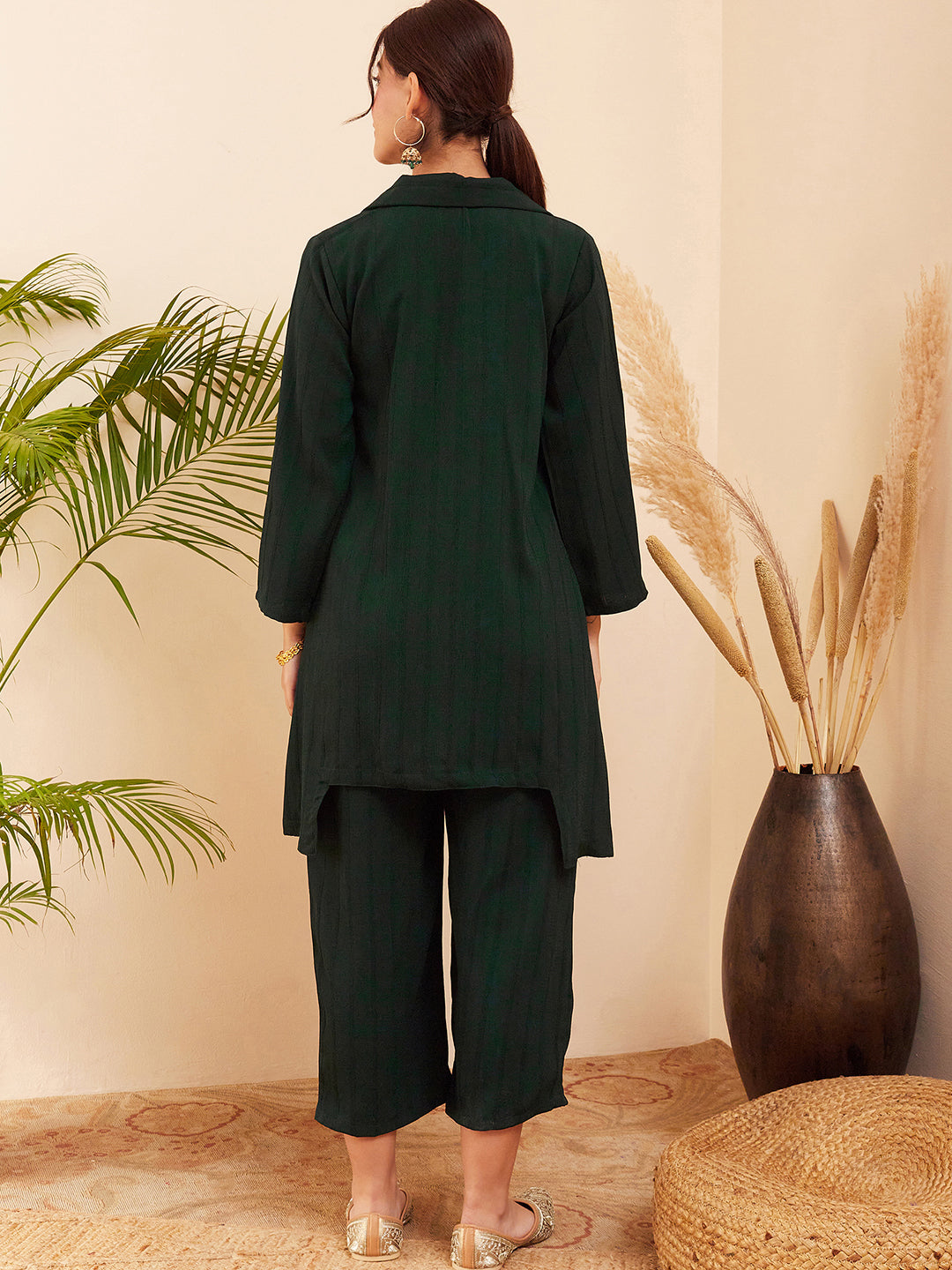 InWeave Women's Forest Green Collared Front Button Blazer Kurta Pant Set