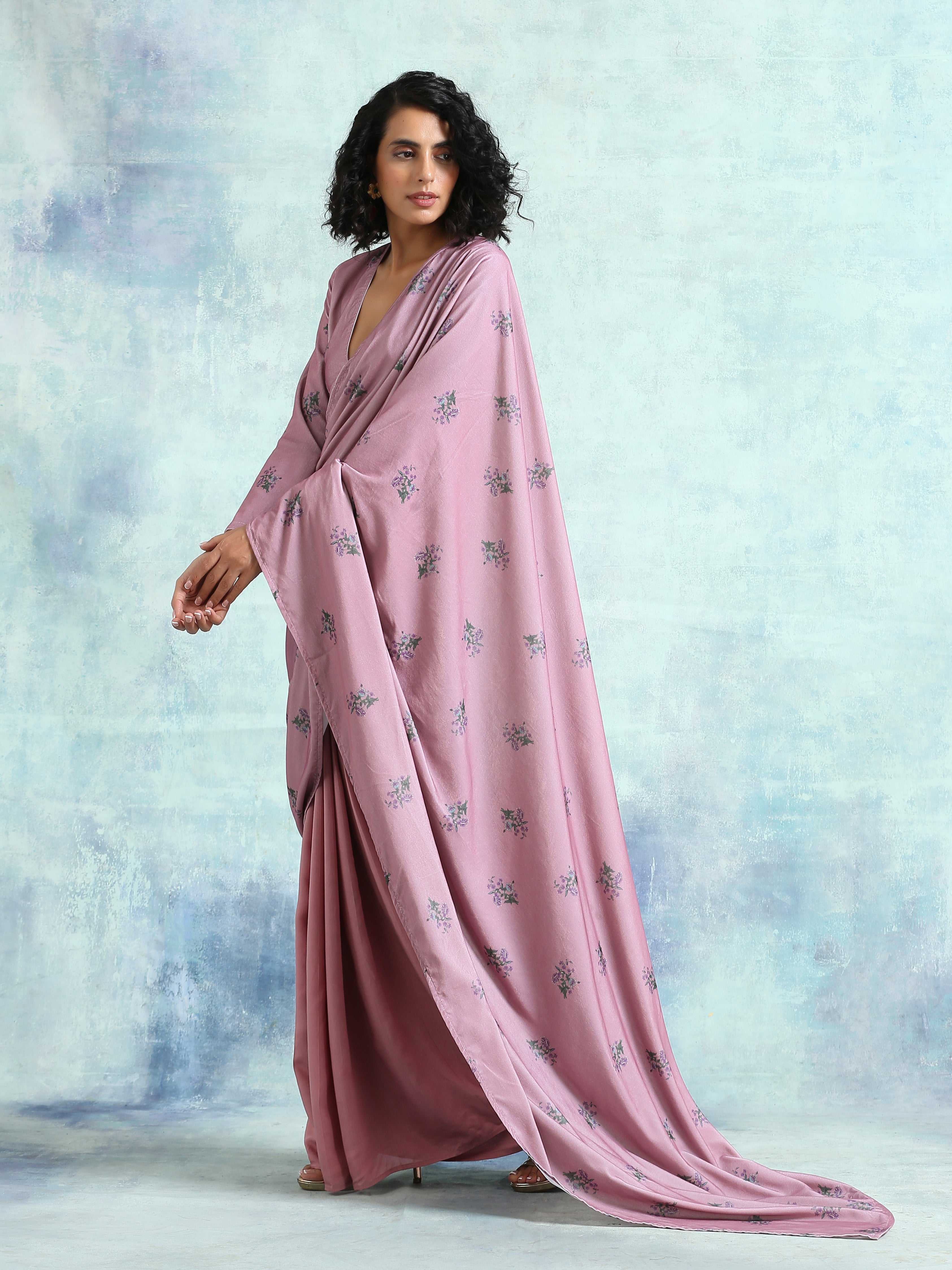 trueBrowns Light Mauve Printed Velvet Ready to Wear Saree