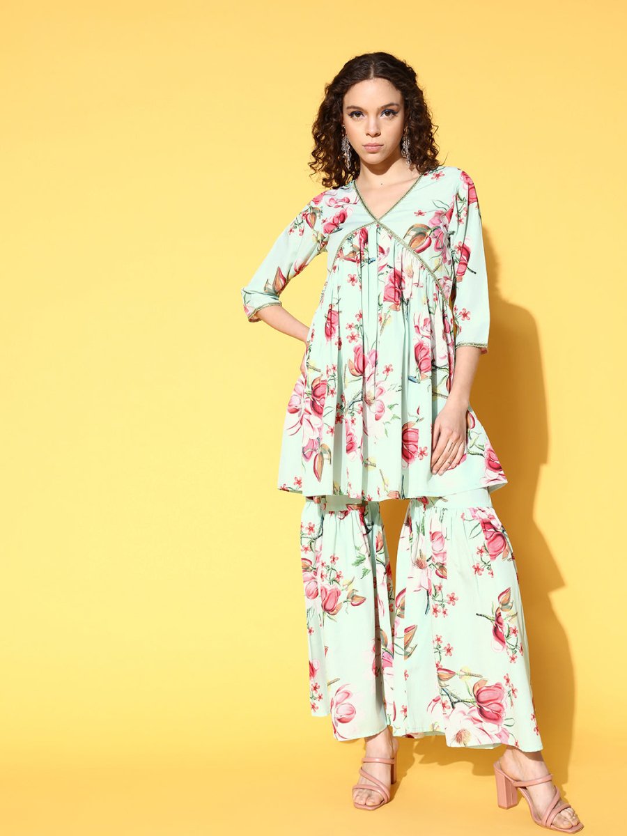 Ahalyaa Women Floral Printed Pleated Kurti with Sharara