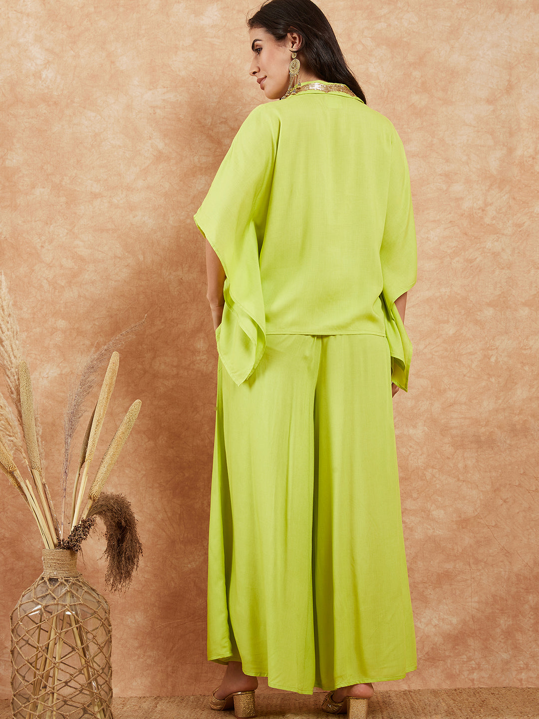InWeave Women's Lime Green Solid Collar Neck Boho Top Bottom Set