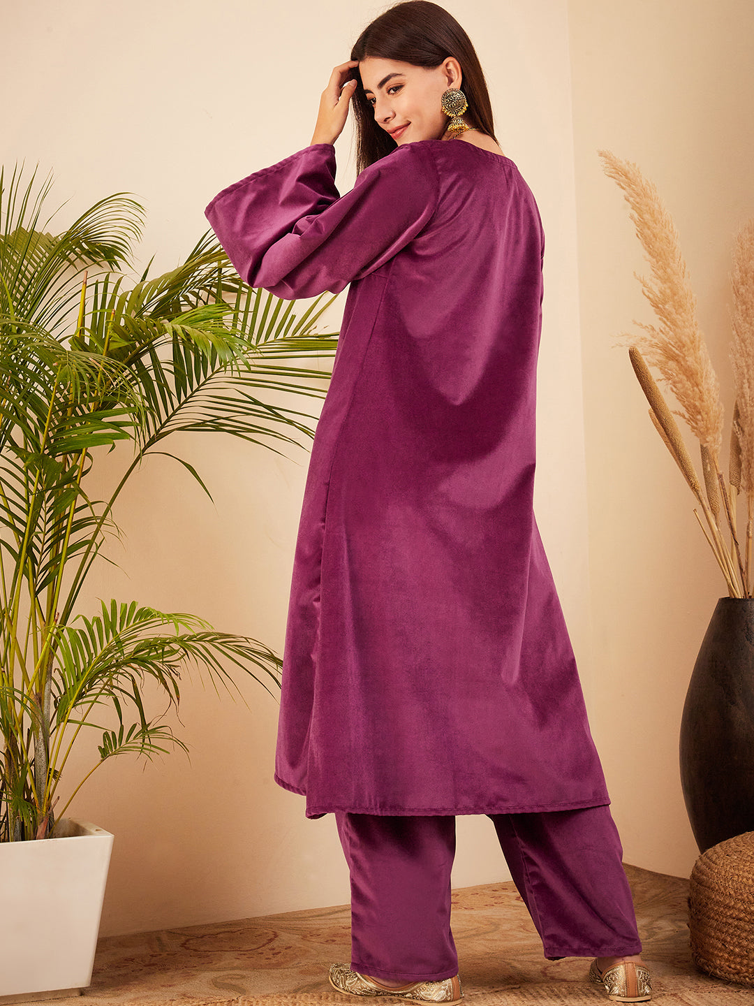 InWeave Women's Wine V Neck Asymmetrical Pleated Velvet Kurta Set