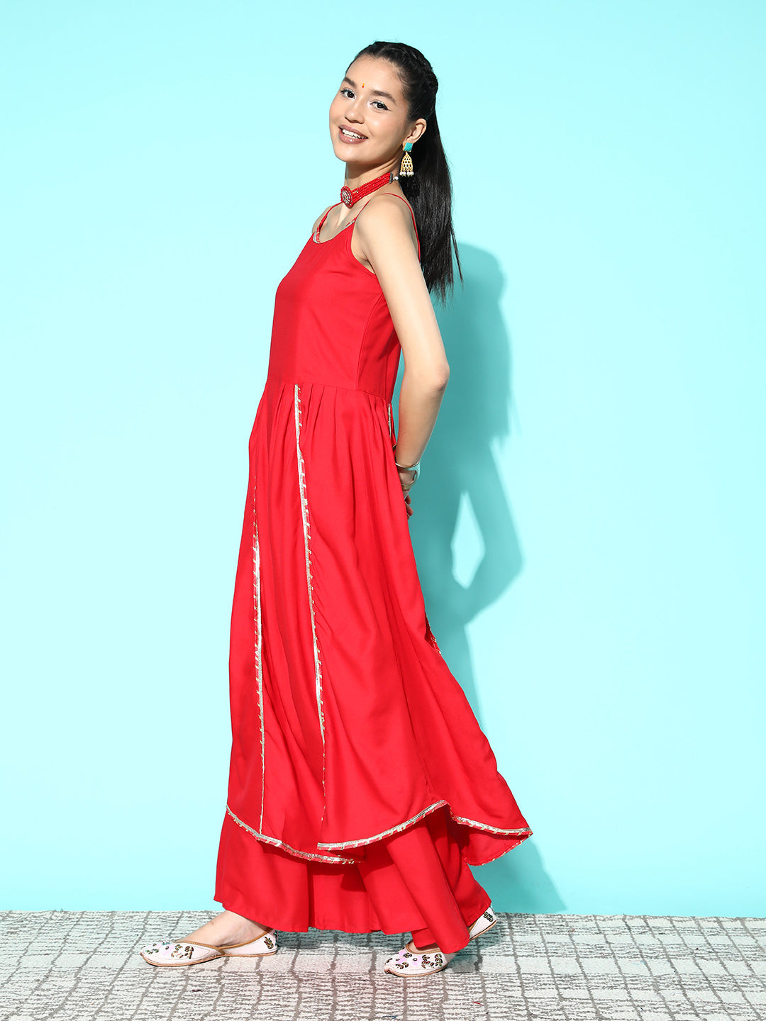 InWeave Women's Red Gota Strappy Kurta Set