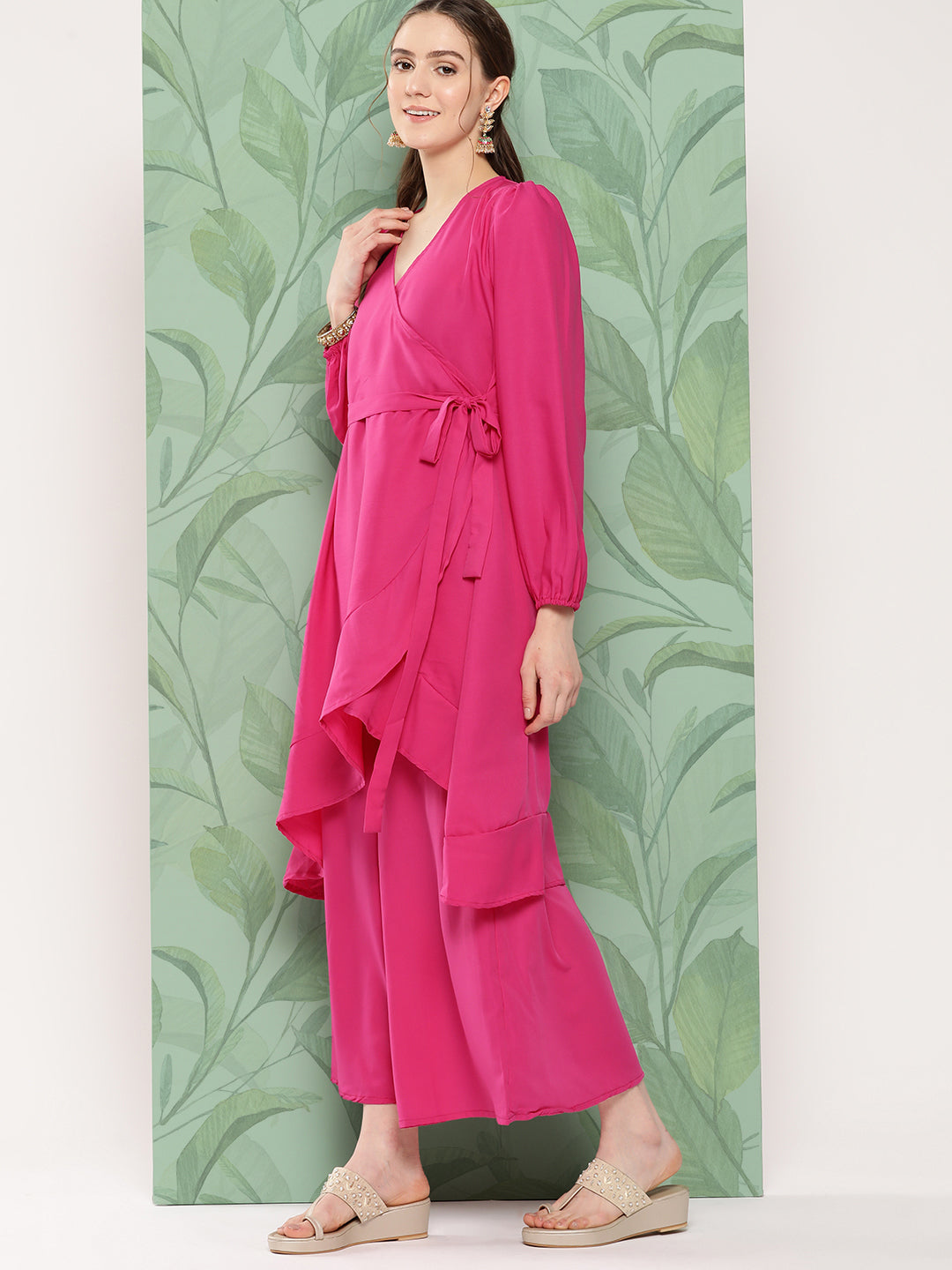 InWeave Women's Magenta Tie Up Kurta Set W Camel Brown Or Dupatta