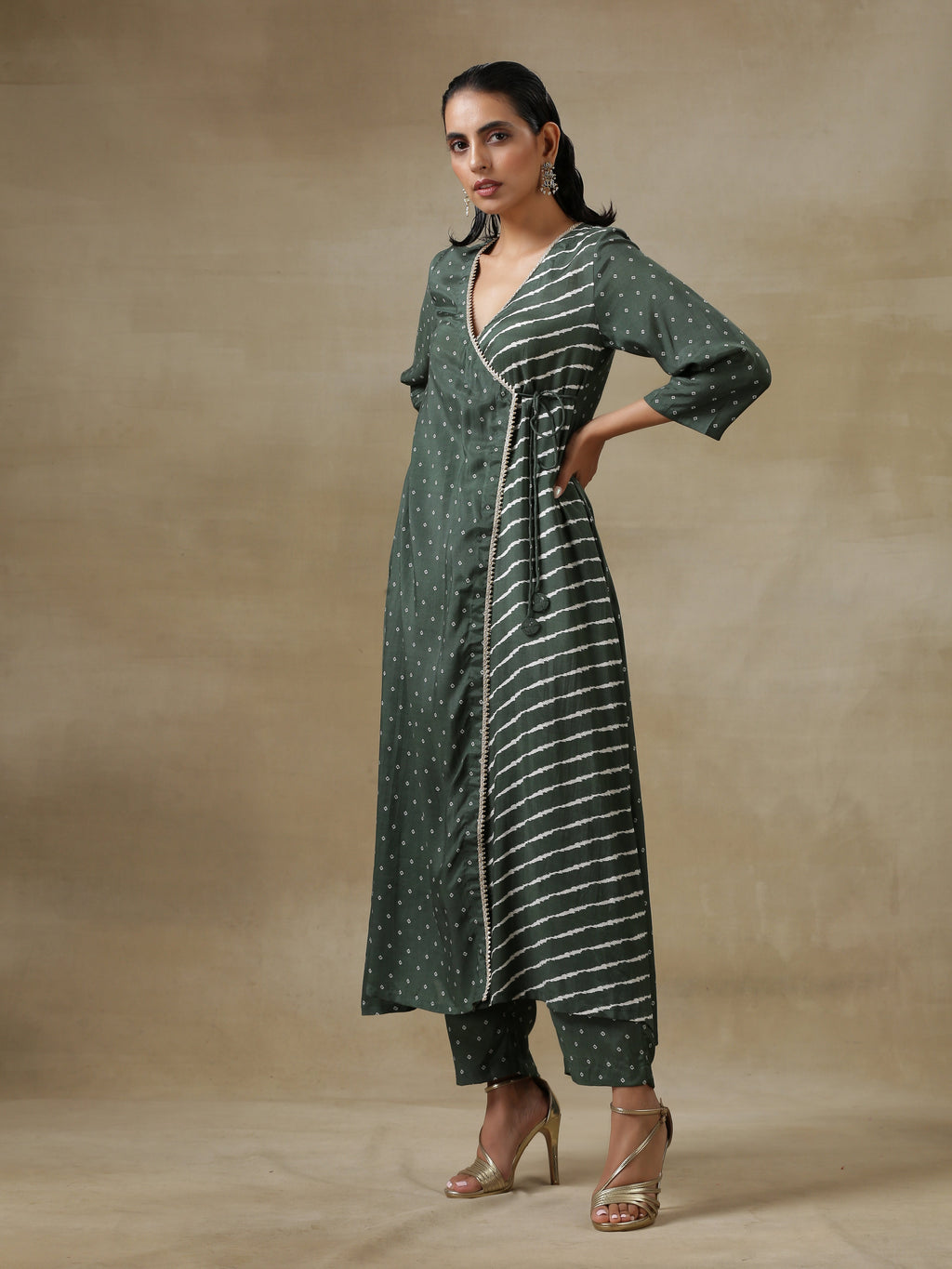 trueBrowns Dark Green Bandhani Printed Silk Angrakha Kurta Pant Set