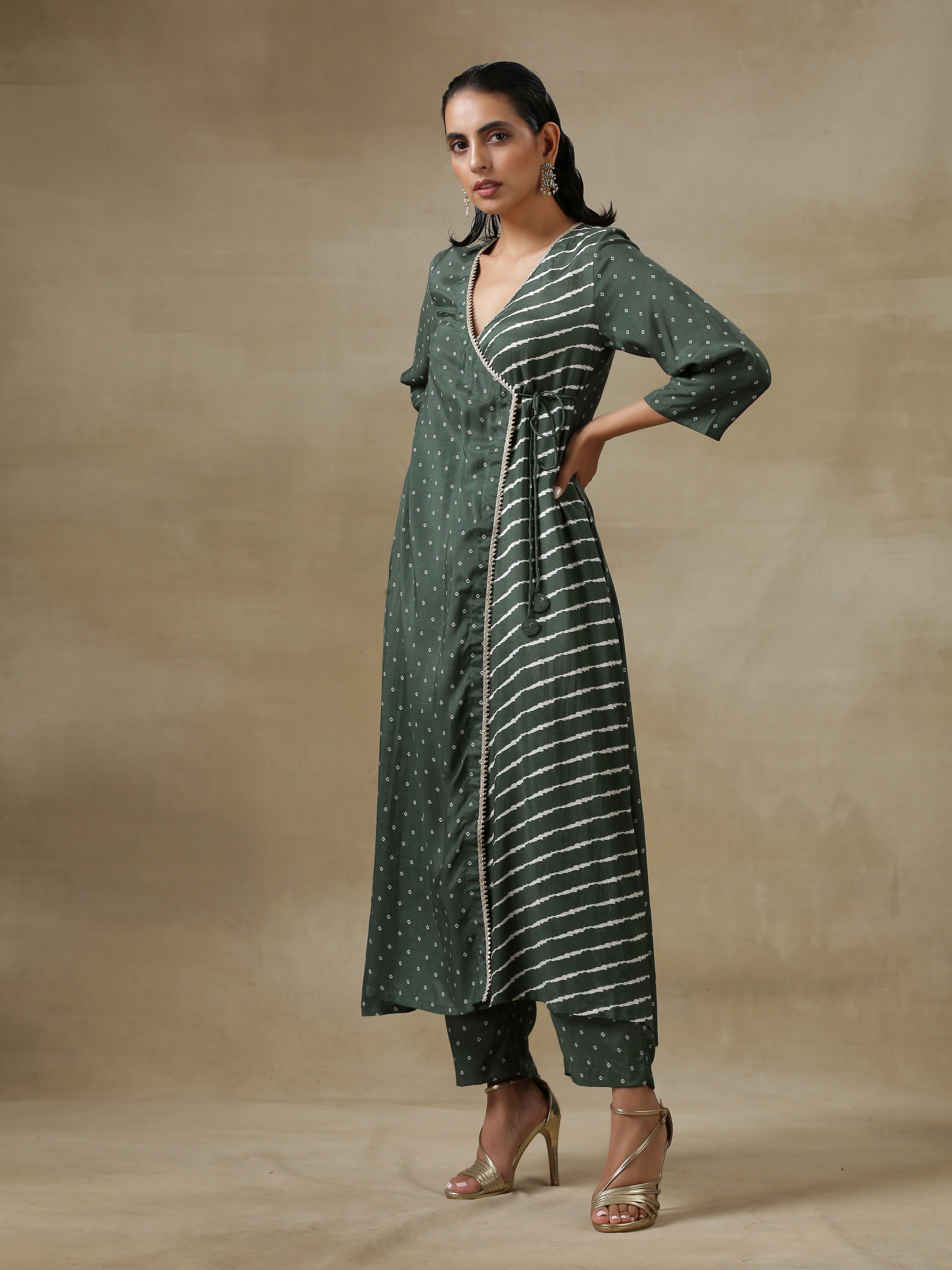trueBrowns Dark Green Bandhani Printed Silk Angrakha Kurta Pant Set