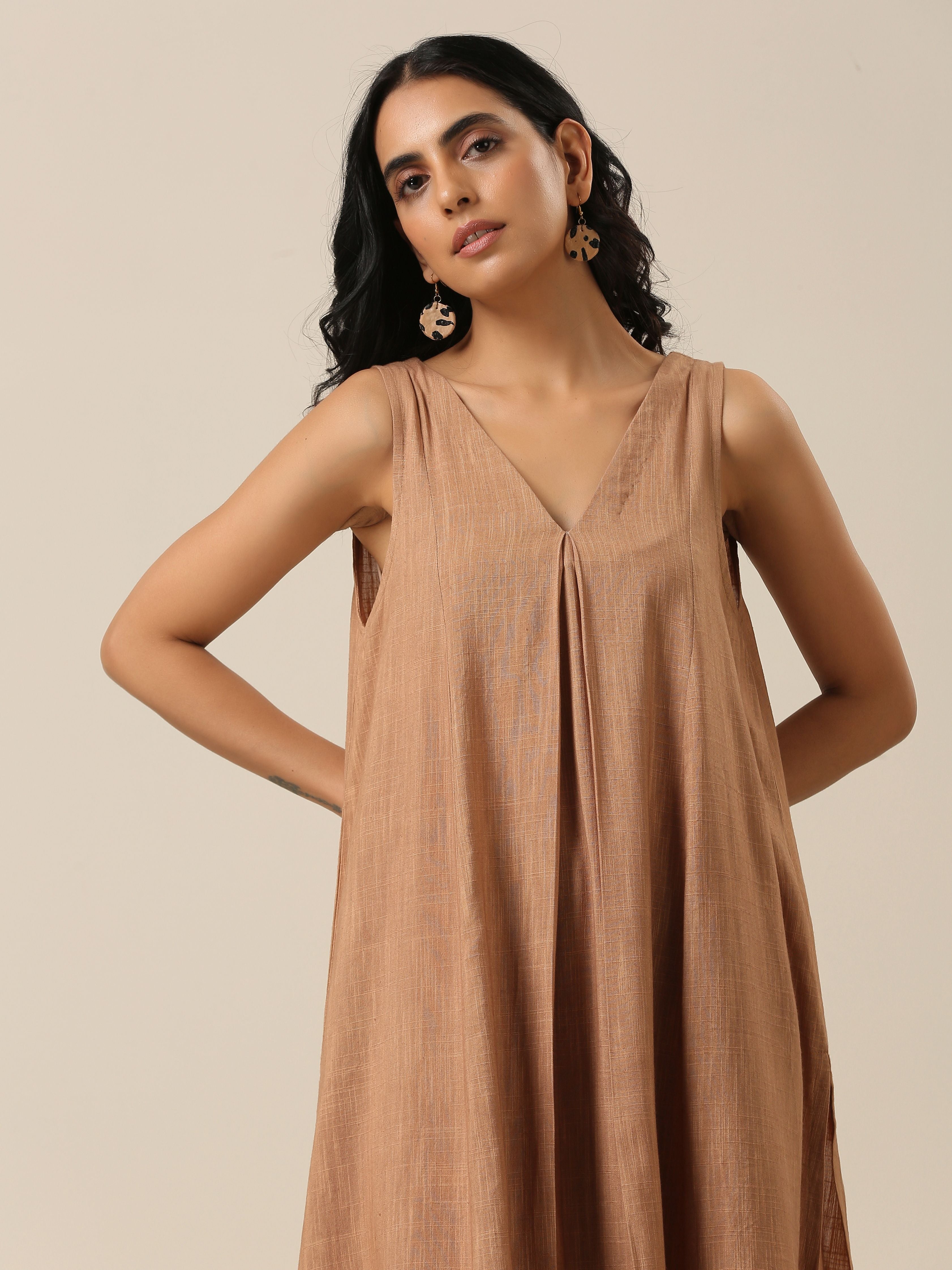 trueBrowns Beige Slub Texture Sleeveless Flared Kurta Pant Set