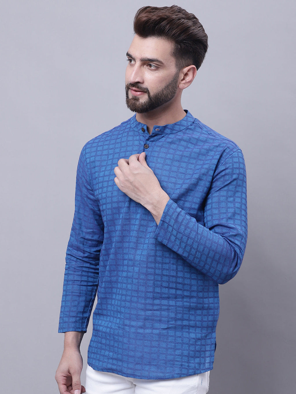 Even Apparels Blue Pure Cotton Short Kurta With Band Collar