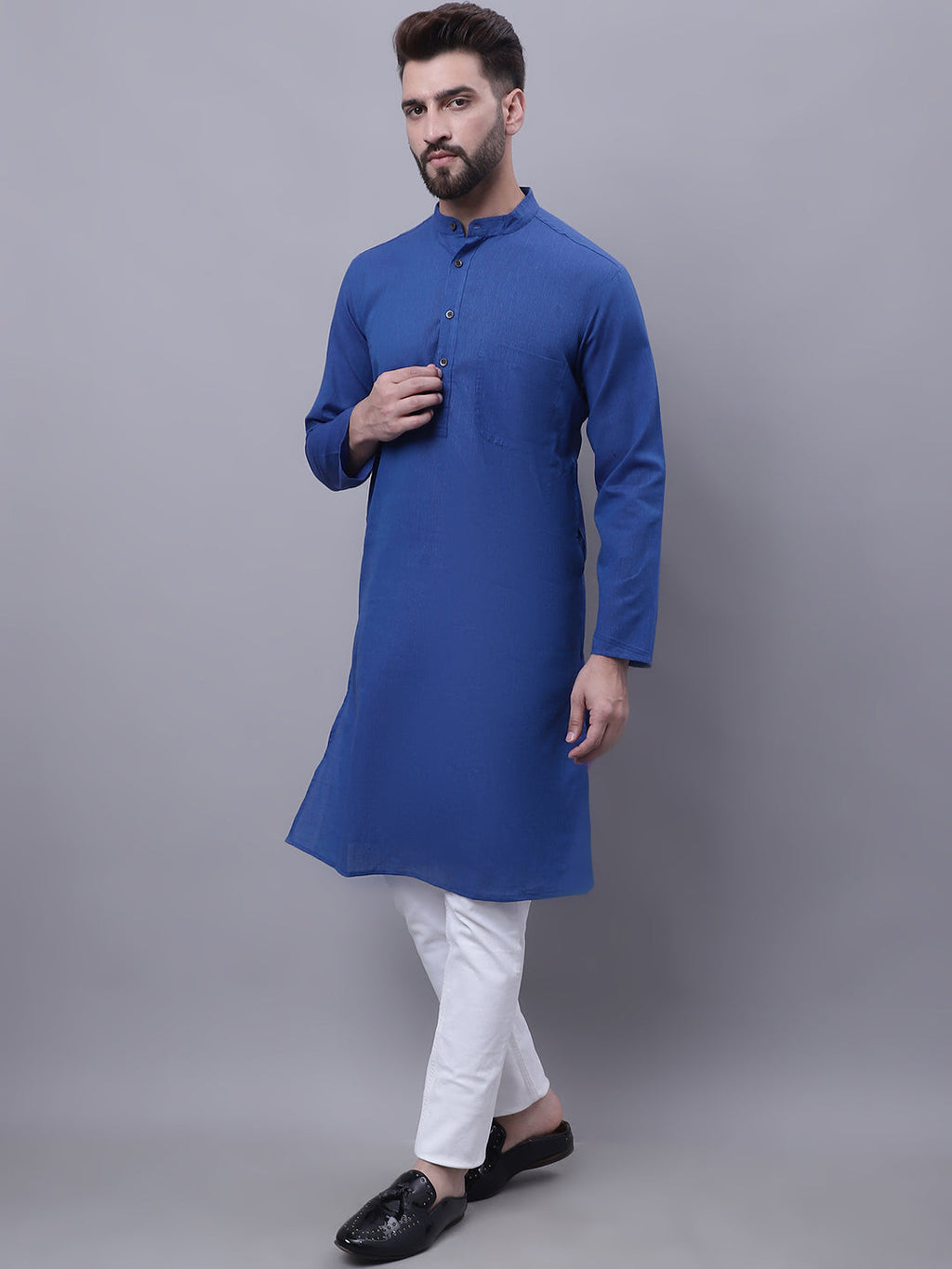 Even Apparels Blue Pure Cotton Kurta With Band Collar