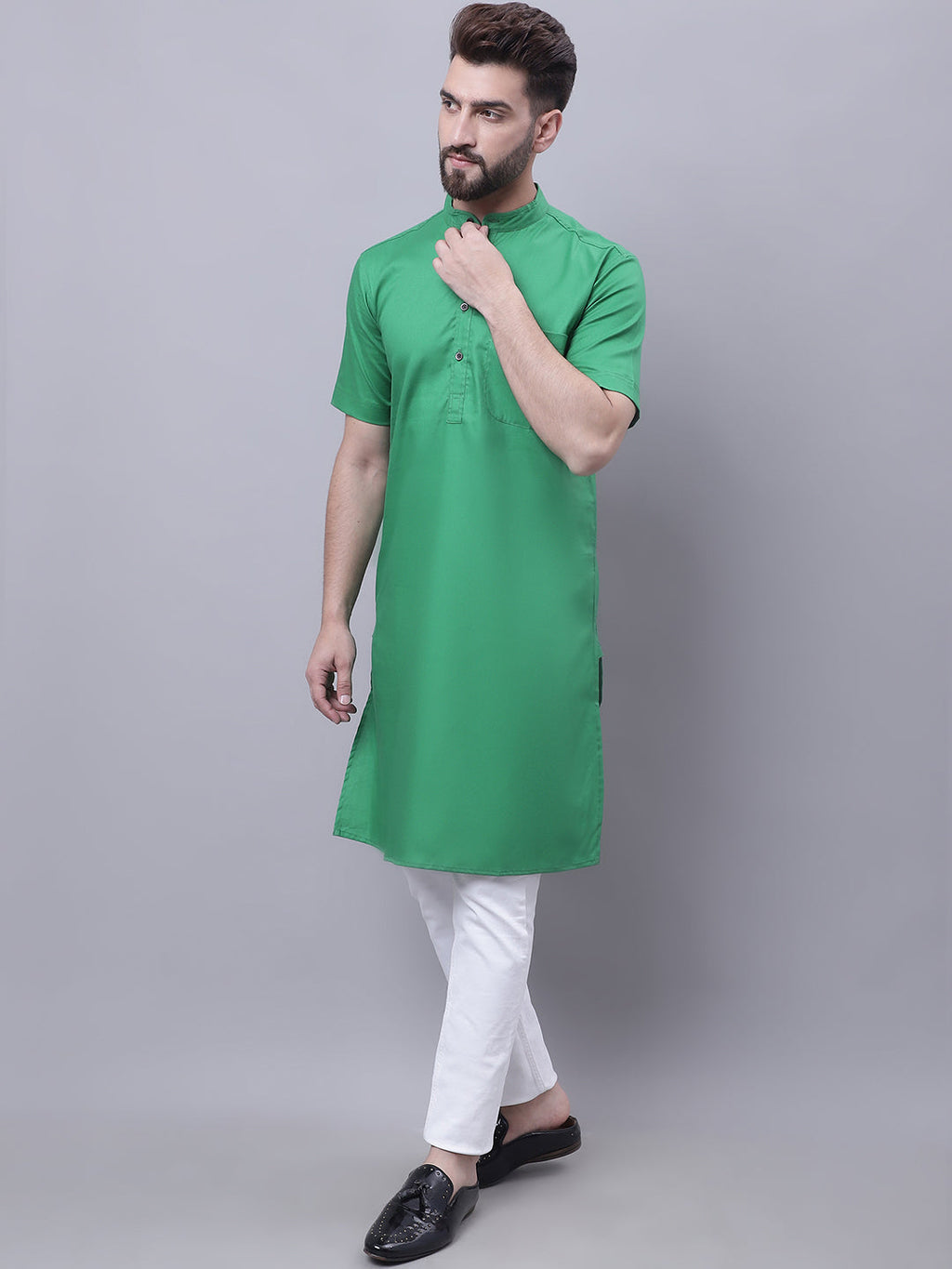 Even Apparels Green Pure Cotton Short Sleeves Kurta With Band Collar