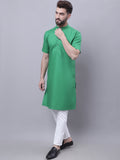 Even Apparels Green Pure Cotton Short Sleeves Kurta With Band Collar