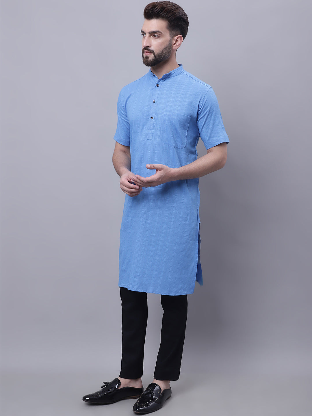 Even Apparels Blue Pure Cotton Short Sleeves Kurta With Band Collar