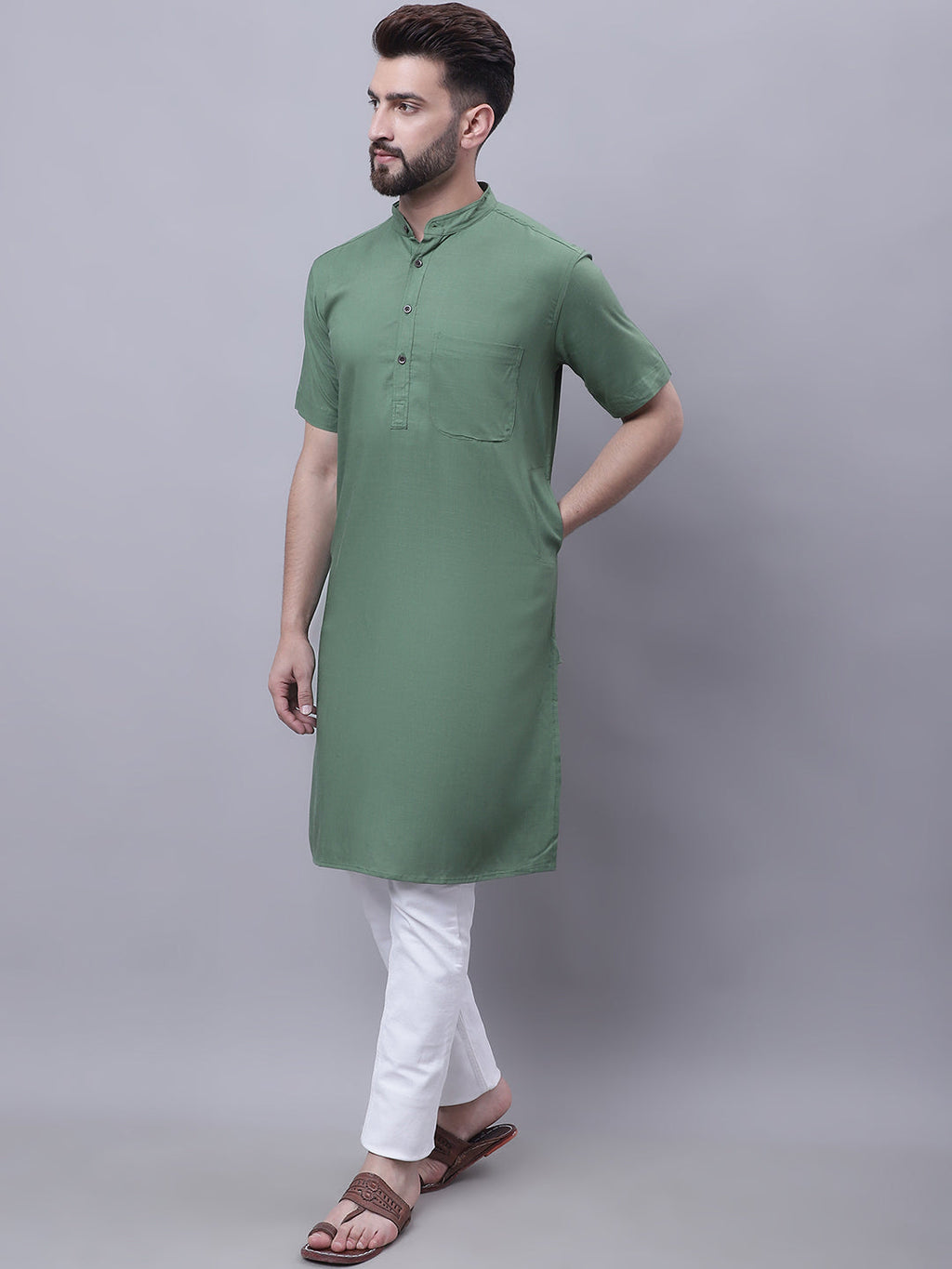Even Apparels Green Pure Cotton Short Sleeves Kurta With Band Collar