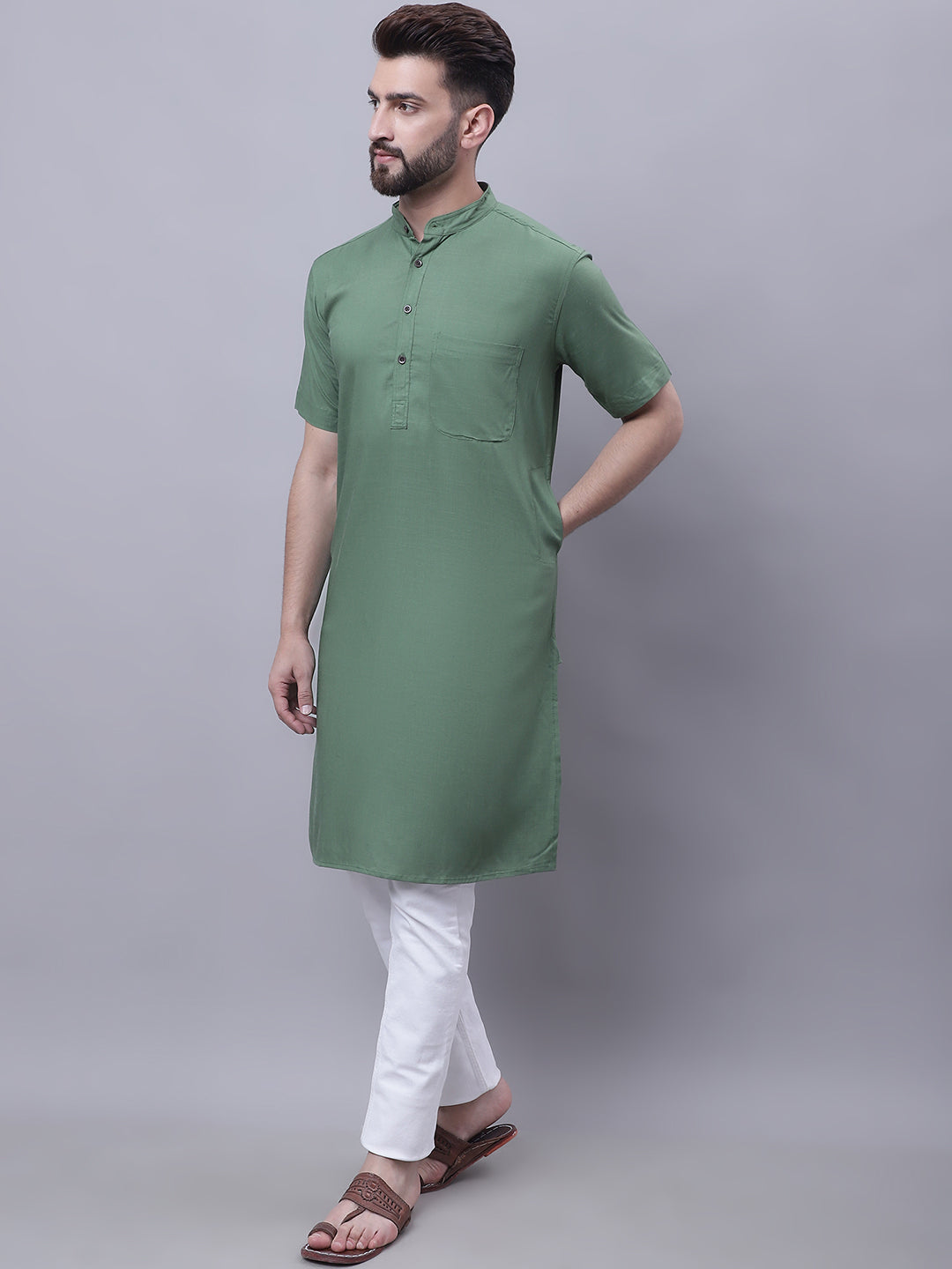 Even Apparels Green Pure Cotton Short Sleeves Kurta With Band Collar