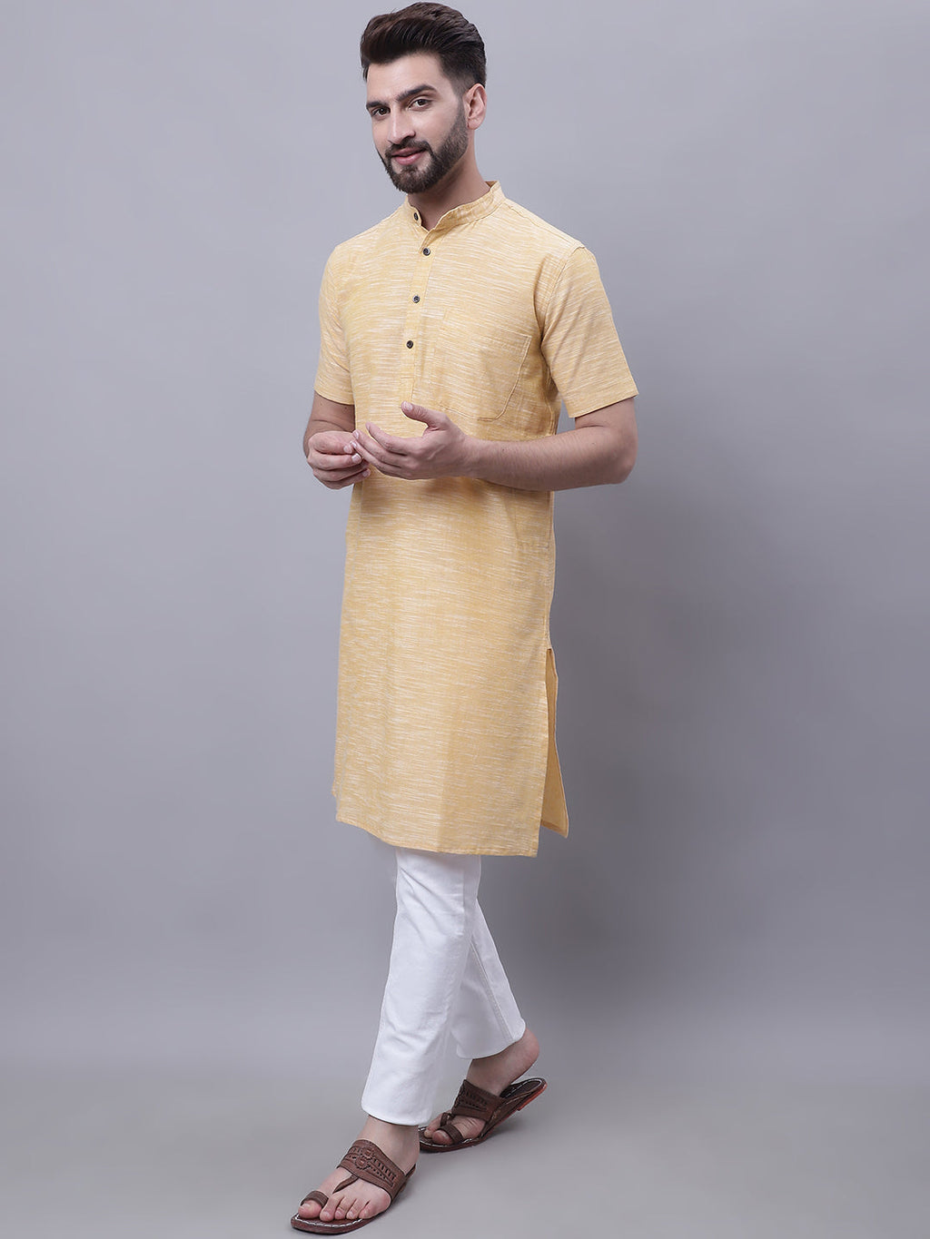 Even Apparels Yellow Pure Cotton Short Sleeves Kurta With Band Collar