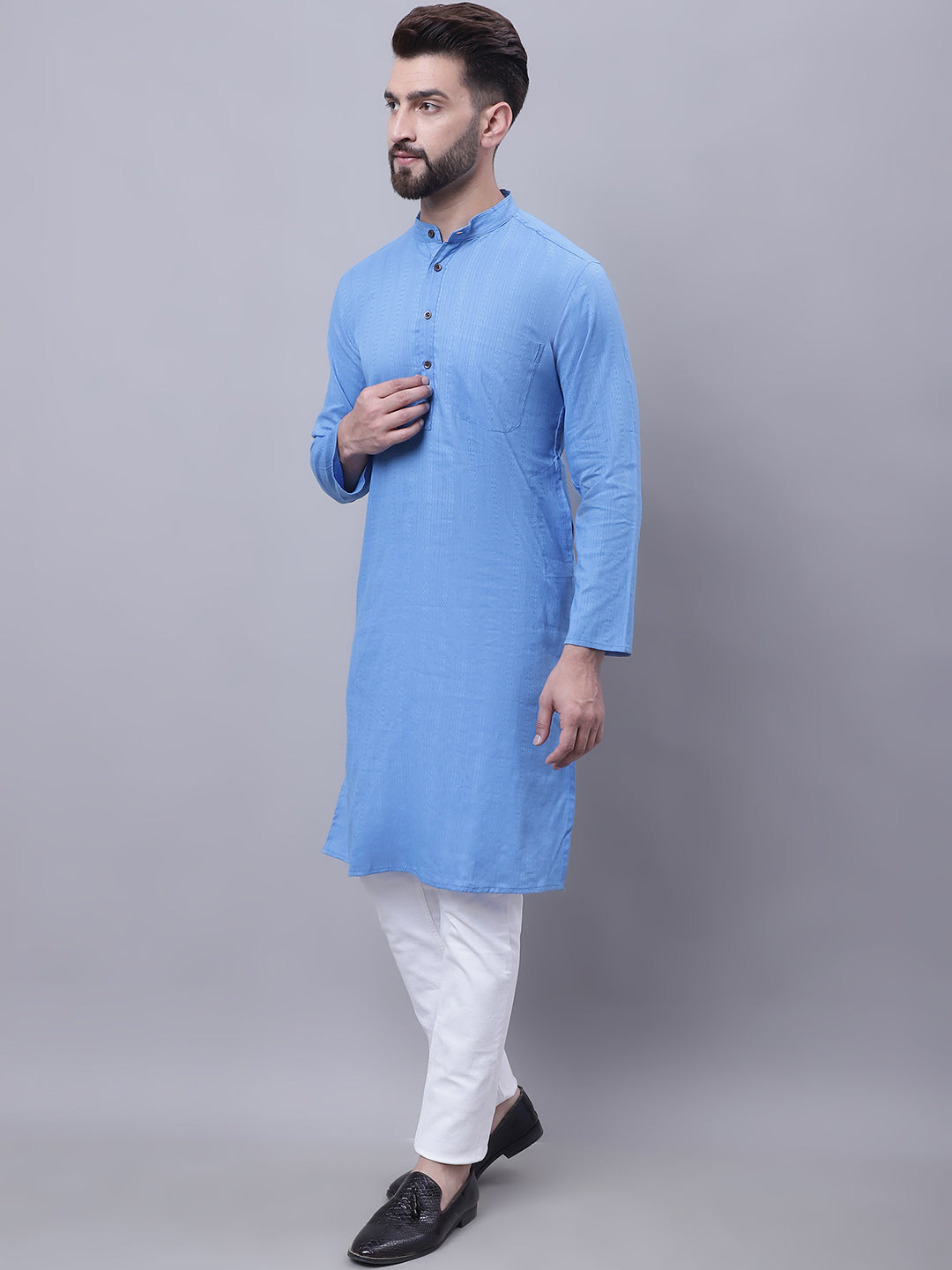 Even Apparels Blue Pure Cotton Kurta With Band Collar