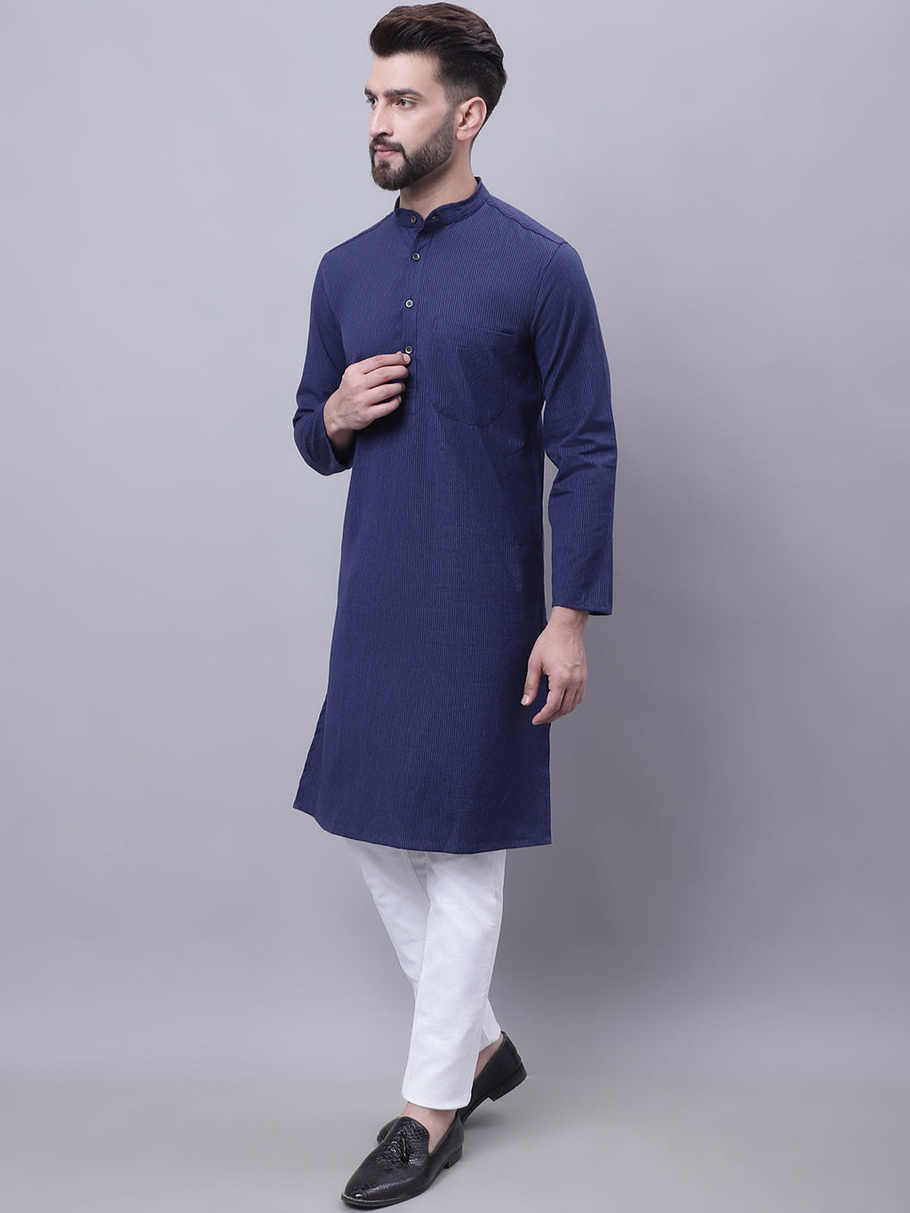 Even Apparels Blue Pure Cotton Kurta With Band Collar