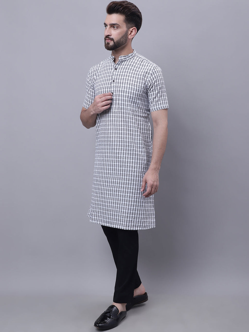 Even Apparels Multi Pure Cotton Short Sleeves Kurta With Band Collar