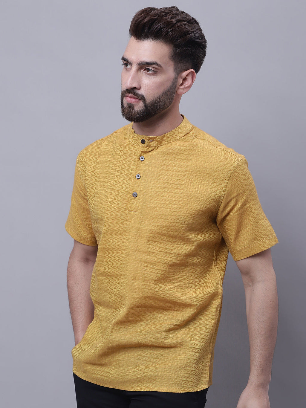 Even Apparels Yellow Pure Cotton Short Sleeves Kurta With Band Collar