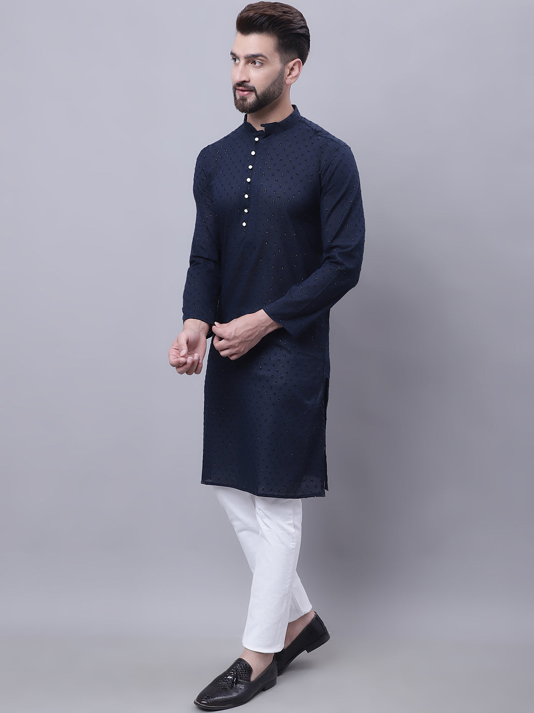 Even Apparels Blue Pure Cotton Kurta With Band Collar