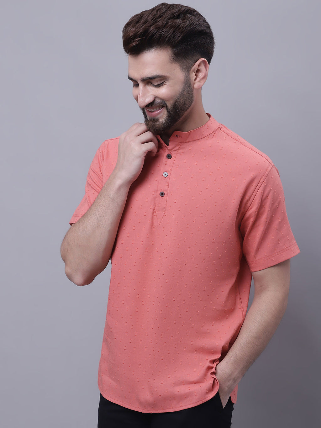 Even Apparels Peach Pure Cotton Short Sleeves Kurta With Band Collar